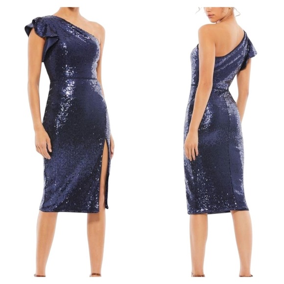 Mac Duggal 49290 New Midnight Navy Sequin One Shoulder Midi Dress Size 10 - Picture 1 of 6